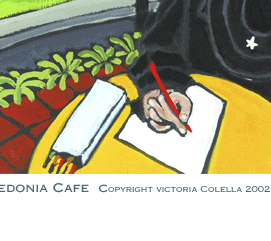 Rainy Day at Caledonia Cafe by Victoria colella- depicts her daughter writting